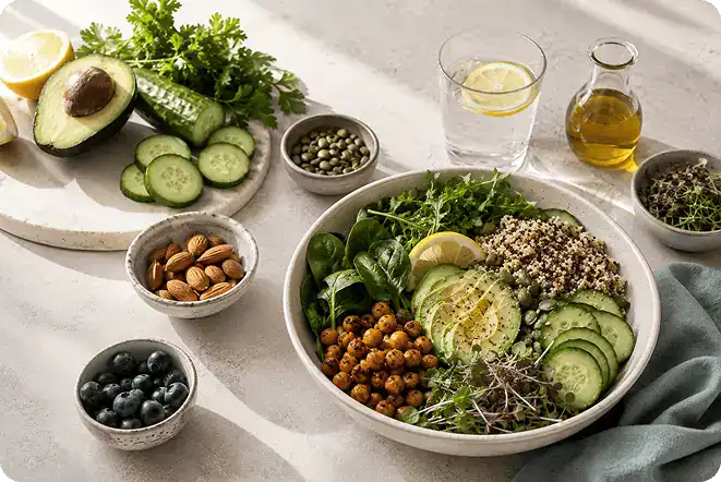 A bowl of salad with greens, quinoa, cucumber, chickpeas, and sprouts, surrounded by avocado, cucumber, lemons, almonds, blueberries, capers, olive oil, and a glass of water with lemon.